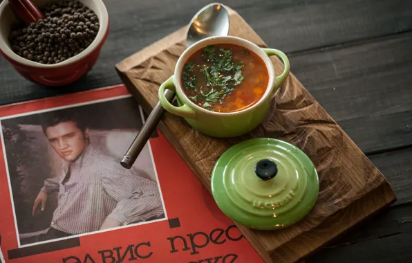 Picture greens, spoon, the first dish, borsch