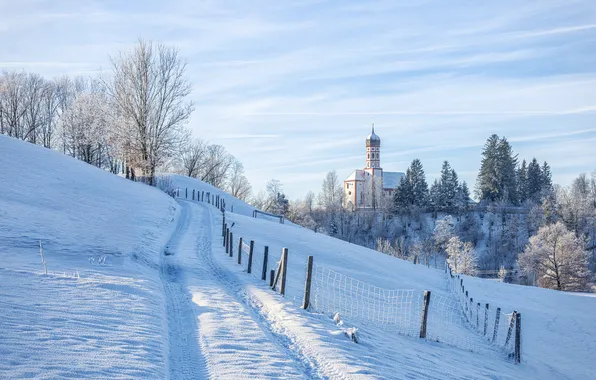 Winter, frost, road, clouds, snow, trees, nature, the fence