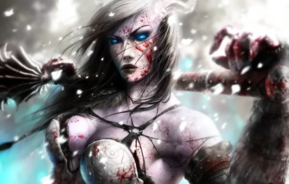 Girl, weapons, blood, armor, horns, Art, burning eyes