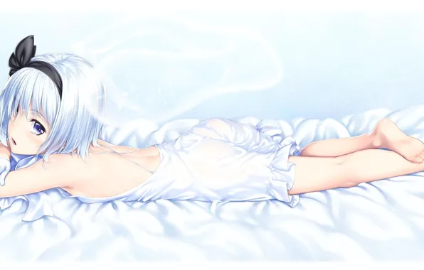 Bed, lies, gloves, bow, jumpsuit, touhou, white hair, art
