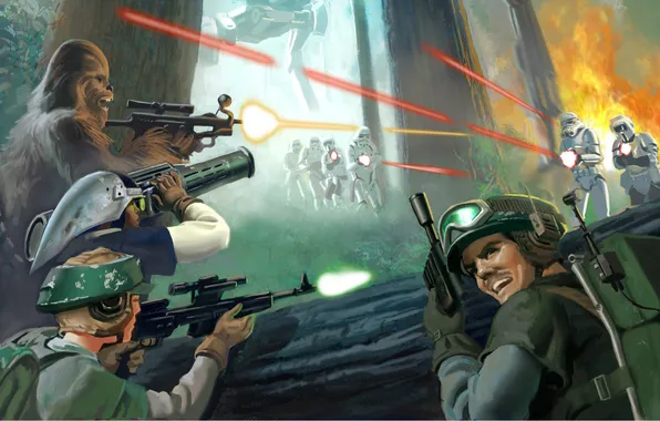 Forest, the explosion, weapons, attack, robot, art, star wars, the rebels