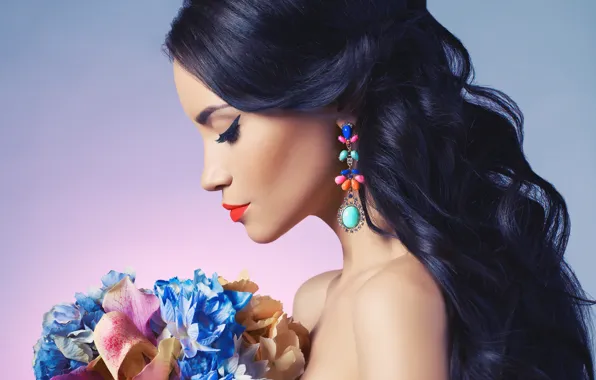 Picture decoration, flowers, face, background, portrait, bouquet, makeup, dress