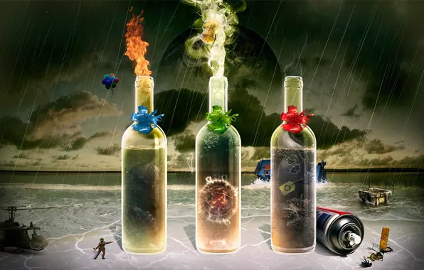 Collage, shore, bottle