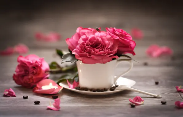 Picture flowers, roses, grain, Cup, buds, coffee