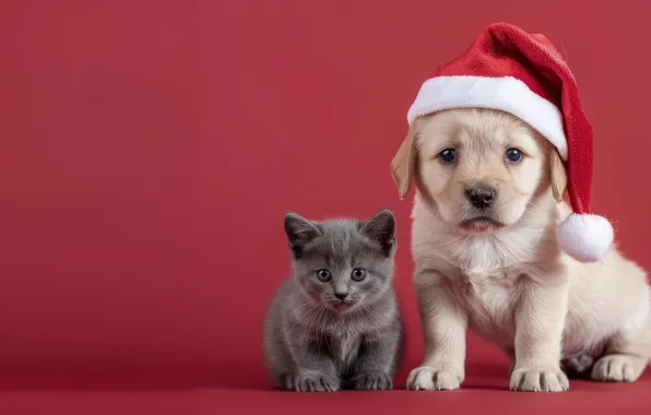 Cat, white, look, pose, kitty, grey, dog, Christmas