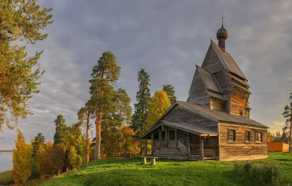 Picture autumn, morning, village, Church, Leningrad oblast, Rodionovo