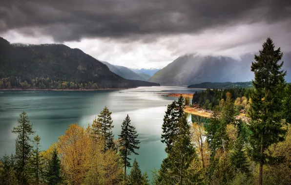 The sky, trees, mountains, clouds, lake, USA, Washington, Olympic National Park
