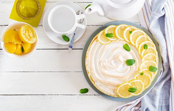 Lemon, tea, pie, cream, slices, cheese, meringue, lemon
