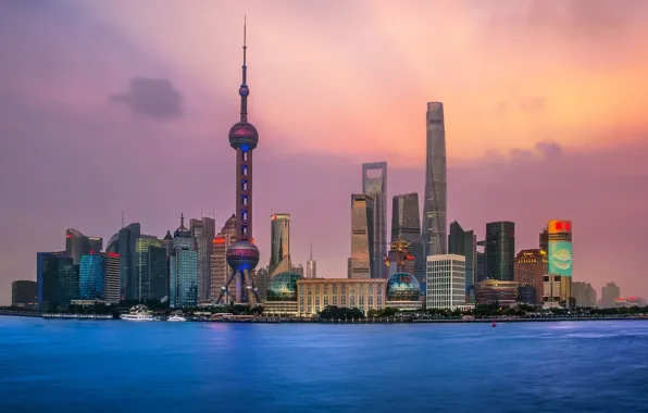 Picture city, lights, China, Shanghai, twilight, tower, sky, sea