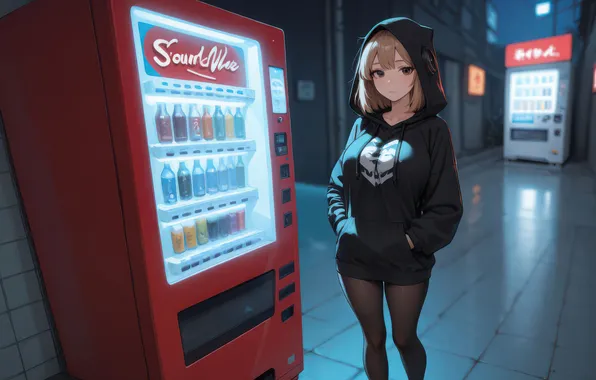 Picture girl, black, anime, standing, hoodie, machines, vending