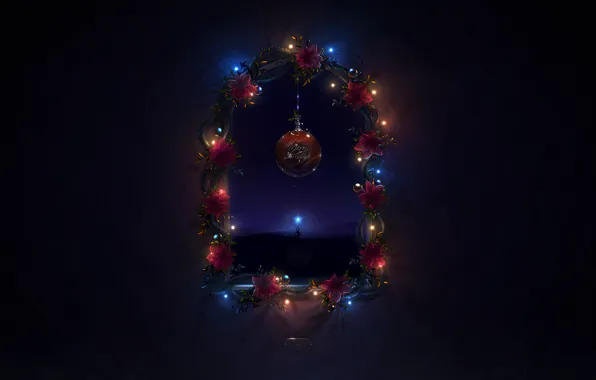 Picture night, lights, tree, new year, ball, Christmas, spruce, window