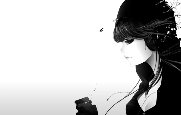 Girl, drops, music, ipod, headphones, art, white background, profile