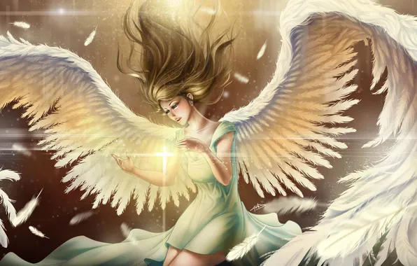 Girl, light, magic, wings, angel, feathers, art