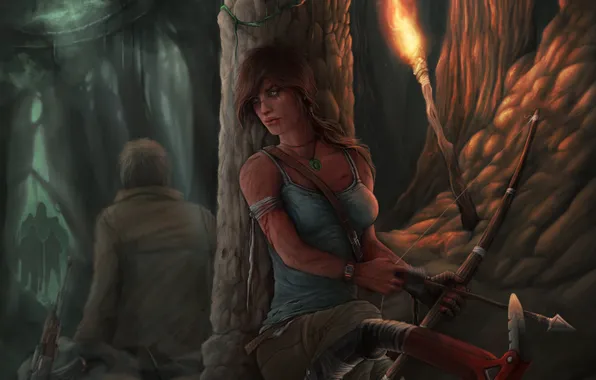 Girl, weapons, people, bow, art, torch, Tomb Raider, cave