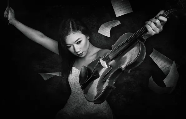 Picture girl, notes, violin
