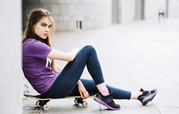 Picture girl, beautiful, model, pretty, skateboard, leggings, long-haired, sneakers
