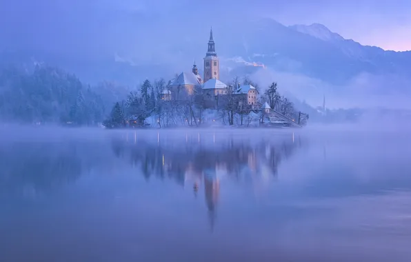Mountains, fog, the evening, morning, Lake bled