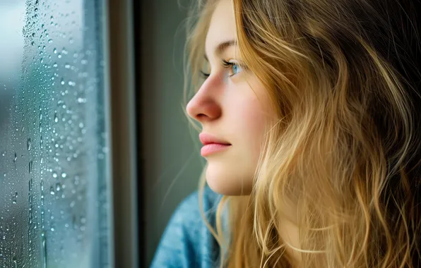 Look, girl, drops, rain, portrait, window, blonde, profile