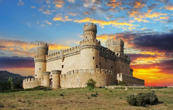 The sky, clouds, sunset, castle, the evening, fortress, Spain, Manzanares el Real Castle