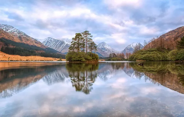 Trees, mountains, lake, reflection, Scotland, island, Scotland, Scottish Highlands