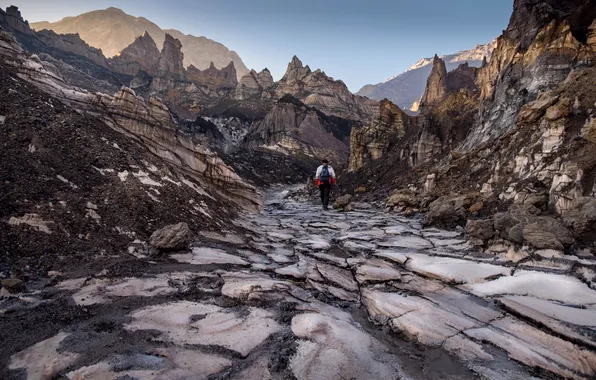Man, stones, walk, dry, guide