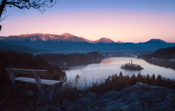 Picture night, lake, bench