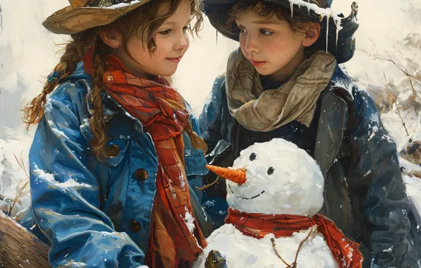 Winter, snow, children, retro, Christmas, New year, snowman, vintage