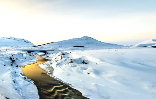 Snow, bridge, river, morning