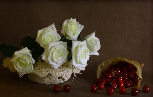 Picture flowers, cherry, still life, roses