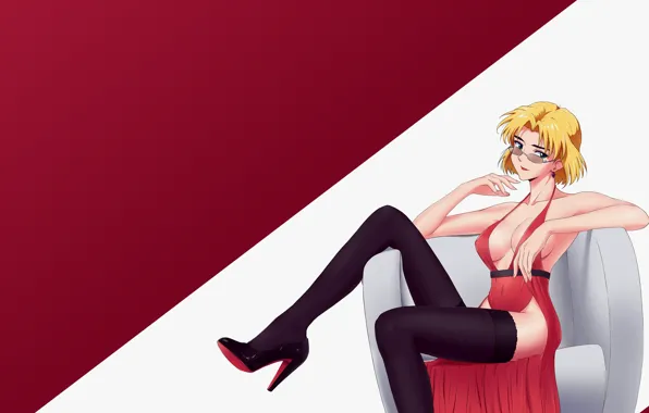 Cleavage, short hair, blonde, sitting, thighs, sideboob, bangs, bare shoulders