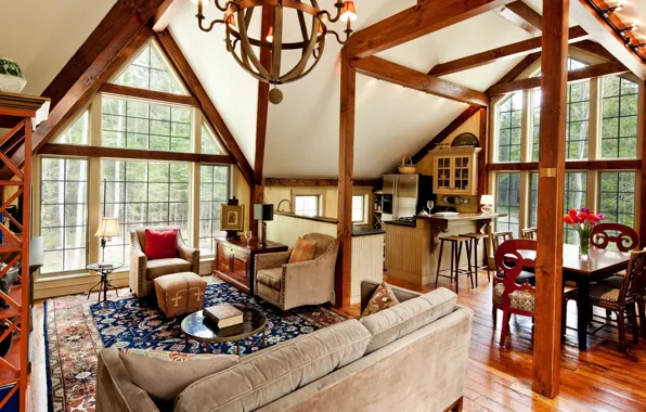 Wallpaper Villa, interior, kitchen, living room, dining room, cozy timber homes