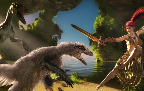 Girl, sword, warrior, dinosaurs, Amazon