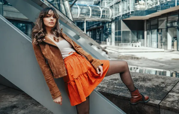 Picture look, girl, the city, pose, skirt, jacket, Sarah, leg