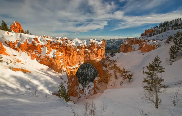 Winter, snow, mountains, rocks, arch, Utah, USA, Bryce Canyon National Park