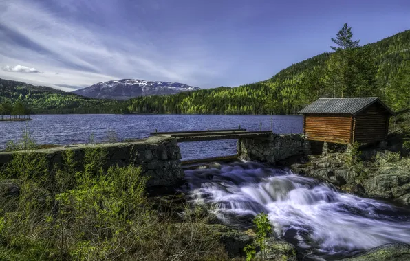 Picture forest, trees, mountains, lake, stream, stones, Norway, house