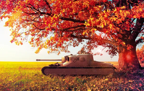 Picture autumn, leaves, tree, England, tank, UK, wot, World of Tanks