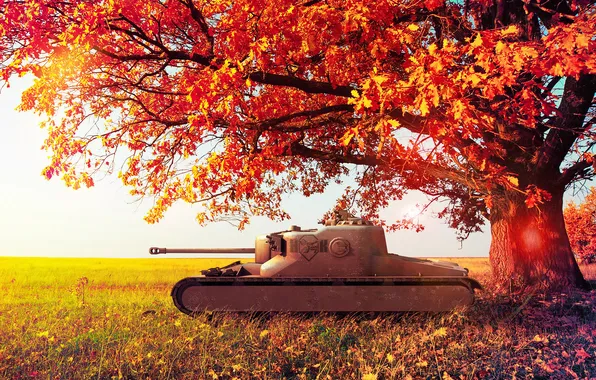 Autumn, leaves, tree, England, tank, UK, wot, World of Tanks