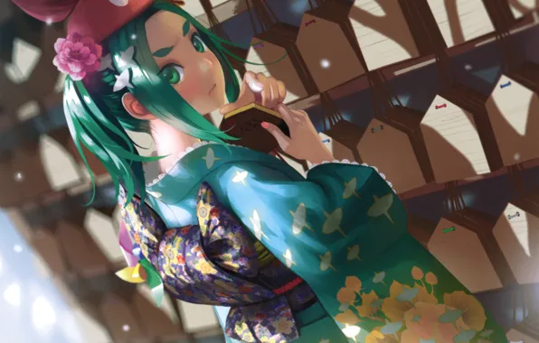 Spinner, signs, hairstyle, kimono, green hair, Bakemonogatari, History of monsters, Yotsugi Ononon The