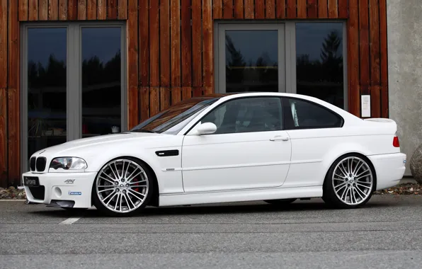 Picture white, asphalt, tuning, the building, bmw, BMW, door, white