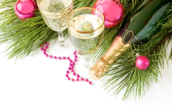 Picture glasses, tree, drink, champagne, Christmas decorations