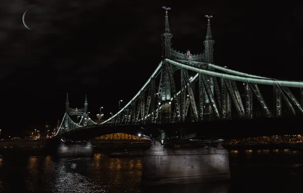 Night, bridge, river, the moon, Budapest