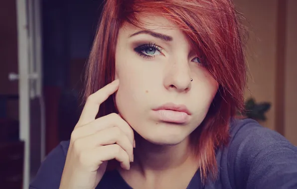 Picture girl, makeup, piercing, red, moles