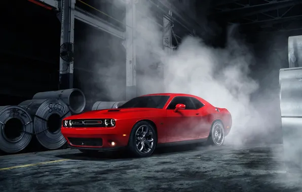 Picture Muscle, Dodge, Challenger, Red, Car, Front, Smoke, American