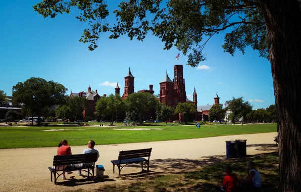 Picture trees, the city, Park, people, home, bench
