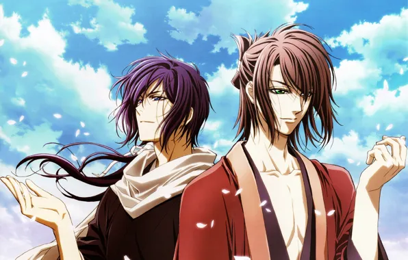 The sky, clouds, the wind, petals, Sakura, guys, samurai, Hakuouki
