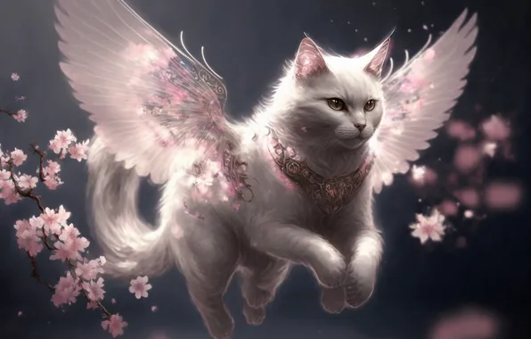 Cat, white, cat, flight, flowers, lights, wings, angel