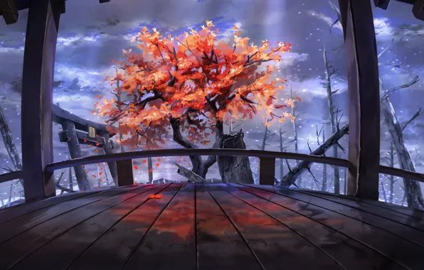 Snow, trees, temple, torii, abandoned