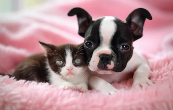 Cat, look, kitty, black and white, together, portrait, dog, puppy