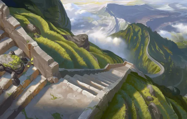 Green, road, landscape, stone, mountains, chip, stairs, Riot Games