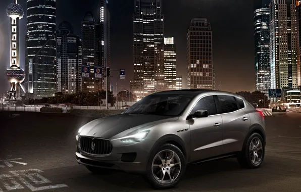 Picture concept, metallic silver, Maserati Kubang, high-rise buildings